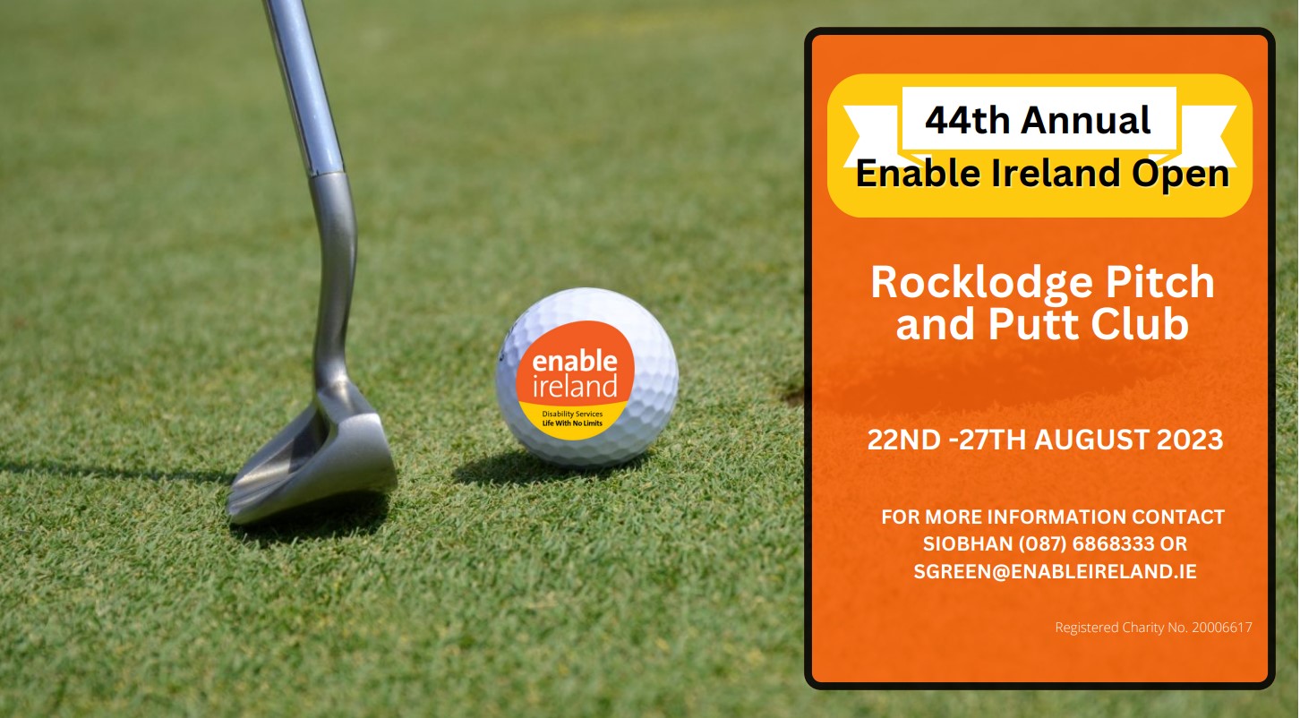 Advertisement for golf fundraising event, golf putter hitting golf ball that has Enable Ireland logo on it