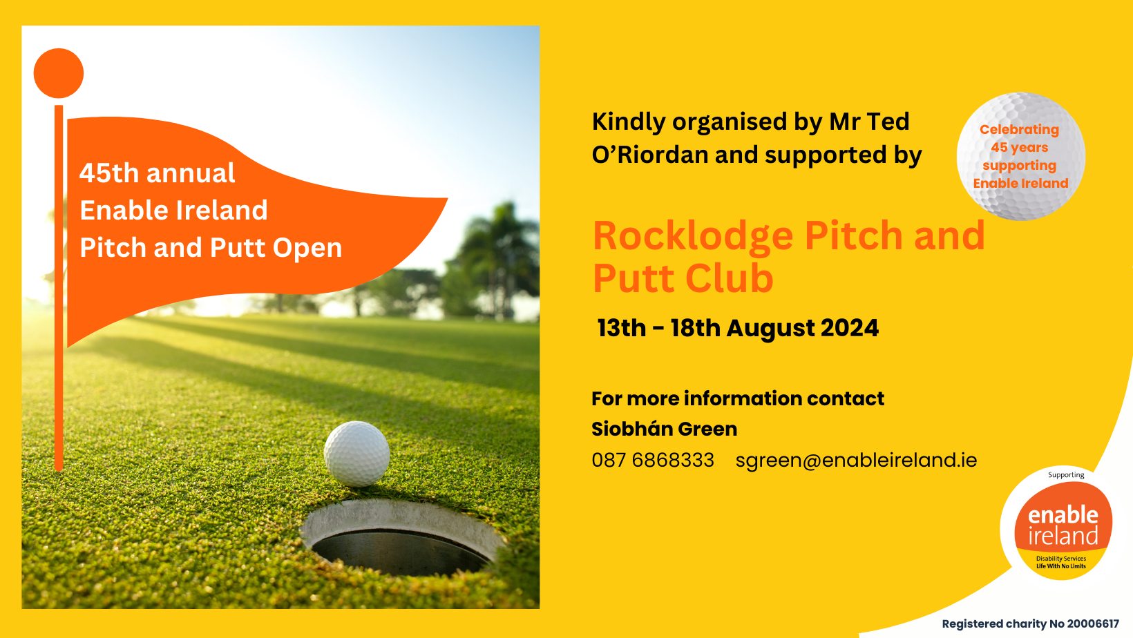 Graphic promoting the Rocklodge Pitch and Putt Club event including a photo of a golf ball next to a hole on a golf green.