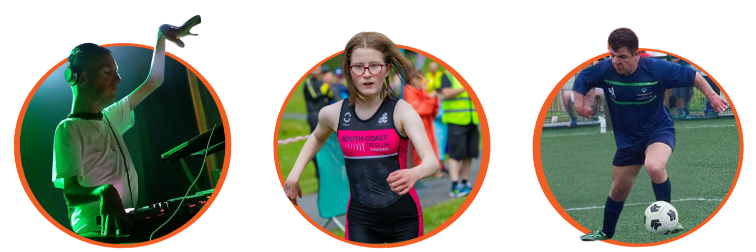 A banner with photos, The photo on the left is of a dj raising their hand in the air next to their dj decks in atmospheric green lighting. The photo in the middle is of a teenage girl in a Southcoast Triathlon Vest running. The photo on the left is of a man playing football.