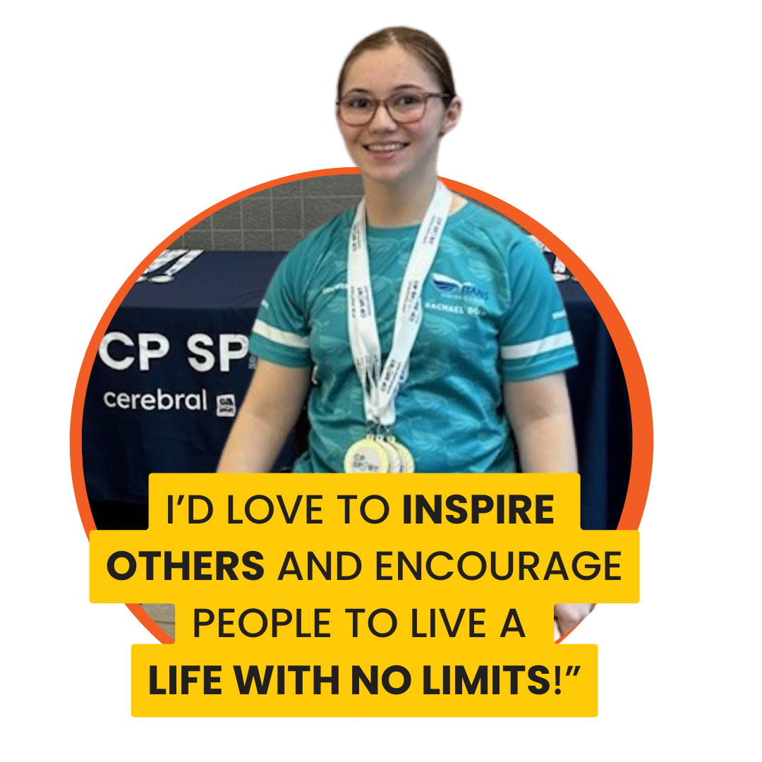 Athlete wearing a teal sports shirt with multiple medals around their neck, standing in front of a CP Sports banner. A quote over the image says "I'd love to inspire others and encourage people to live a life with no limits"