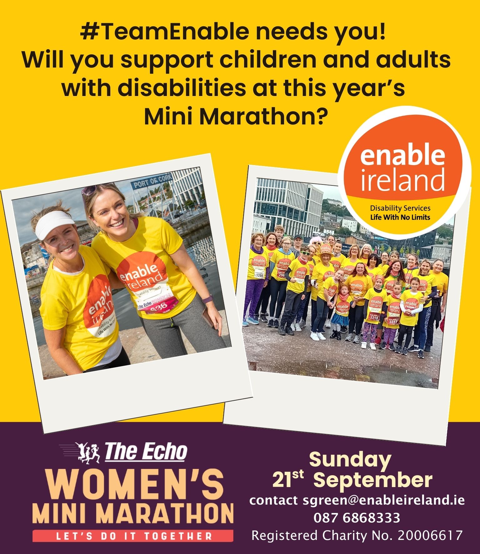 Promotional graphic promoting running for Enable Ireland in the Cork Women's Mini Marathon