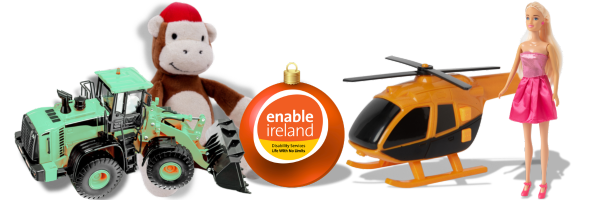 “Collection of toys including a green toy tractor, a plush monkey wearing a Santa hat, an orange Enable Ireland Christmas bauble, an orange and black toy helicopter, and a fashion doll in a pink dress.”