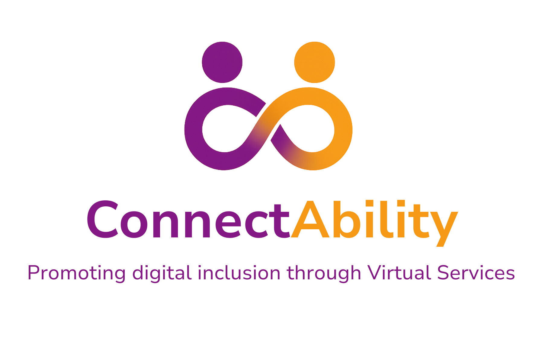 Purple and orangel logo with the words Connect Ability Promoting digital inclusion through Virtual Services