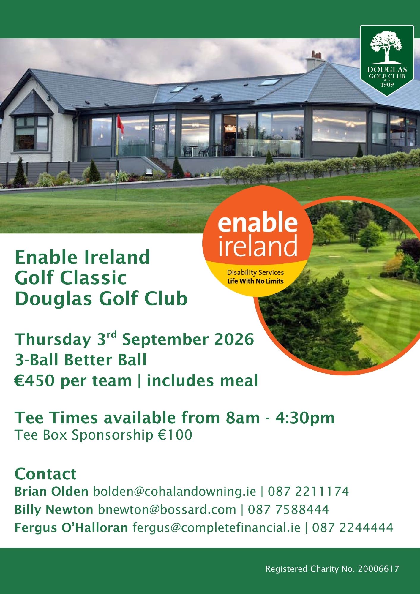 Promotional poster for the Enable Ireland Golf Classic at Douglas Golf Club, Cork. The graphic features images of the clubhouse and golf course, with event details for Thursday 3rd September 2026, a 3‑ball better ball competition, €450 per team including a meal, tee times from 8am to 4:30pm, and contact information for bookings and sponsorship.