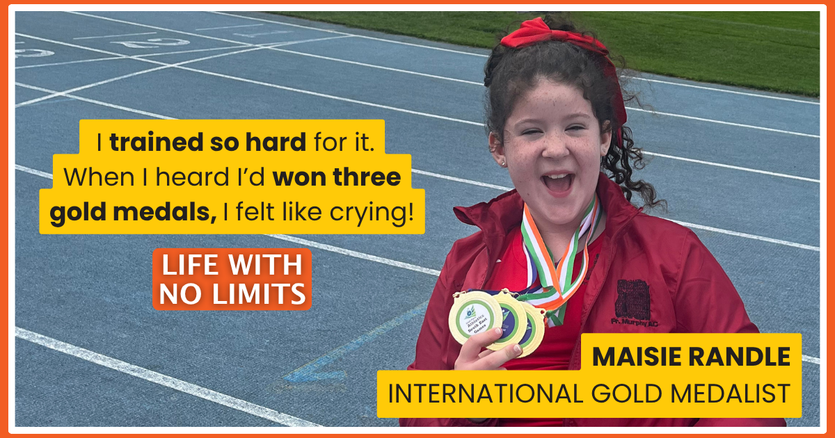Promotional graphic featuring para athletics gold medallist Maisie Randle holding three medals on a running track. The image includes a quote about winning three gold medals and the Enable Ireland tagline “Life With No Limits.”