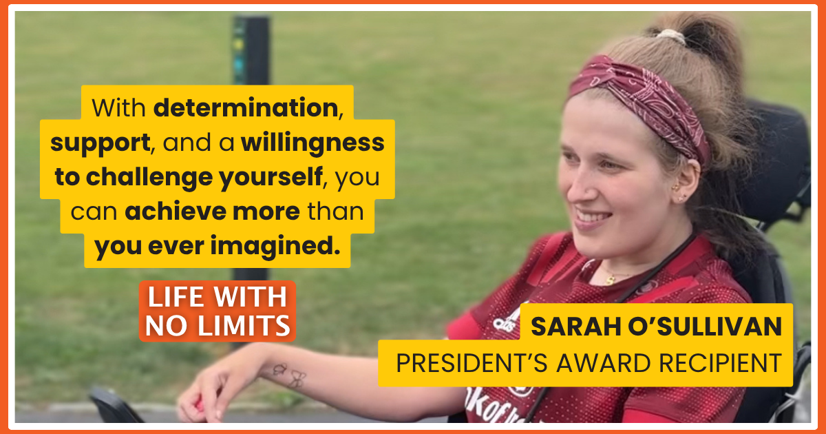 Promotional graphic for Enable Ireland’s Life With No Limits campaign featuring 2026 champion Sarah O’Sullivan, a Gold Gaisce Award recipient. The graphic includes an inspirational quote about determination, support, and challenging yourself, alongside Life With No Limits campaign branding.