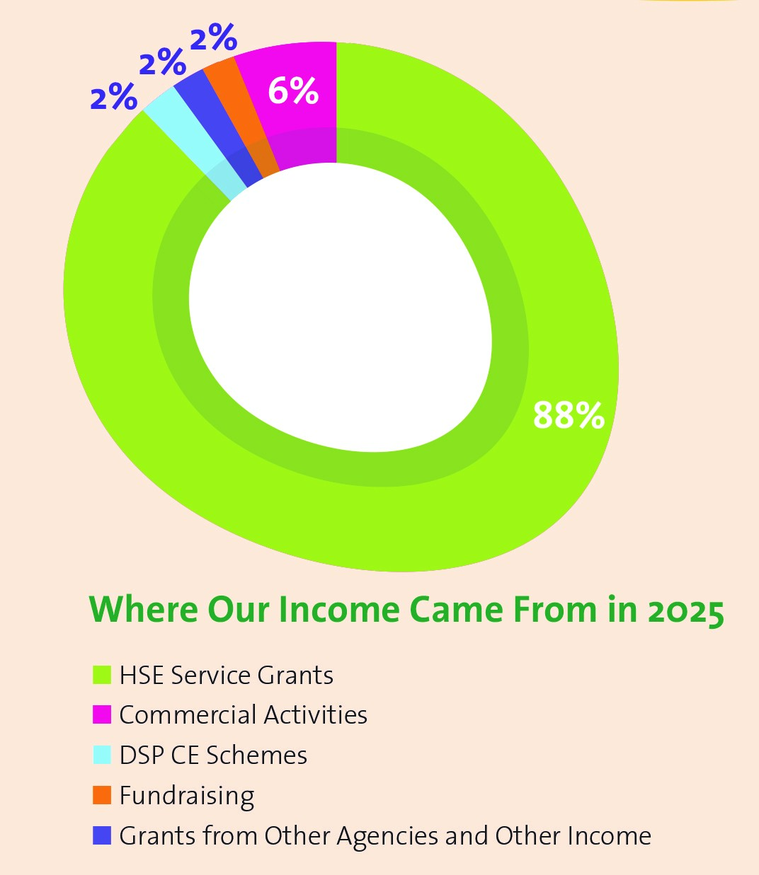 Pie chart showing where our funding came from in 2023. 88% HSE Service grants. 2% DEASP CE scheme. 2% grants from other agencies. 2% fundraising.6% Commercial activities