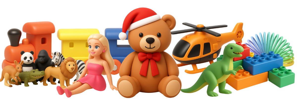 Collection of toys including a teddy bear wearing a Santa hat, doll, toy train, helicopter, dinosaur, building blocks, slinky toy and small animal figures on a white background.