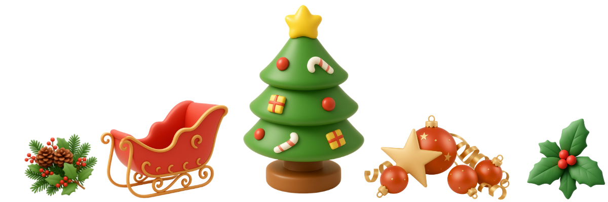 Christmas-themed graphic featuring a Christmas tree, sleigh, holly leaves, pinecones, stars and festive decorations on a white background.