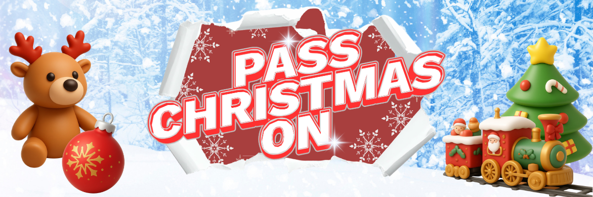 Winter-themed graphic with the text “Pass Christmas On,” featuring a reindeer, Christmas bauble, Christmas tree and toy train on a snowy background.