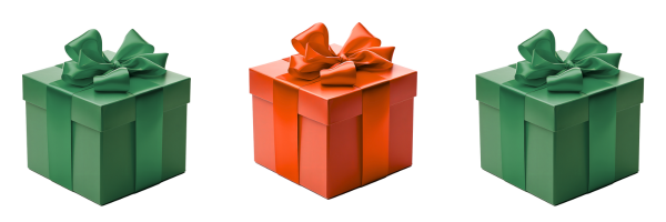 “Three gift boxes with large bows, two green and one orange, arranged in a row on a white background.”