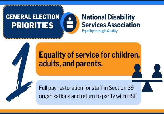 General Election Priorities from the NDSA. Priority 1 Equality of service for children, adults and parents. Full pay restoration for staff in Section 39 organisations and return to pay parity with HSE