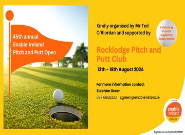 Graphic promoting the Rocklodge Pitch and Putt Club event including a photo of a golf ball next to a hole on a golf green.