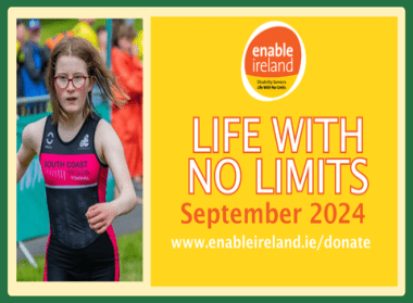 Graphic promoting Enable Ireland's Life With No Limits 2024 Campaign with a photo of a girl running