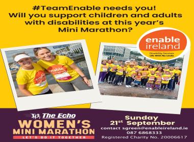Promotional graphic promoting running for Enable Ireland in the Cork Women's Mini Marathon