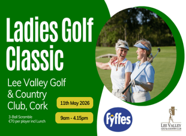Promotional banner for Enable Ireland’s Ladies Golf Classic at Lee Valley Golf and Country Club in Cork. The graphic includes event details for 11th May 2026, 9am to 4.15pm, a three‑ball scramble at €70 per player including lunch, sponsor logos, and an image of two golfers on a green course.
