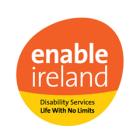 Enable Ireland logo. Plectrum shape with Enable Ireland written on orange background and Disability Services Life With No Limits on yellow background